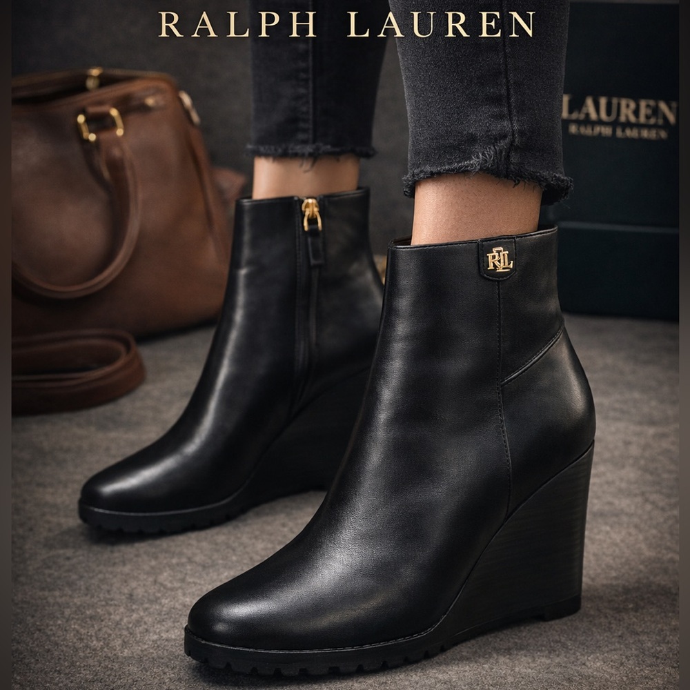 Ralph Lauren Black Leather Wedge Boots